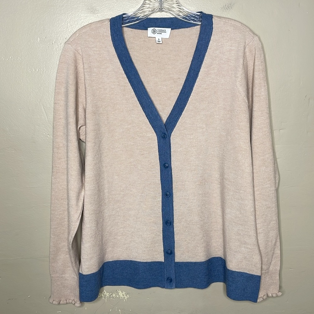 CANDACE CAMERON BURE Cardigan Sweater Tan & Blue Soft Ruffle Cuff Feminine Small